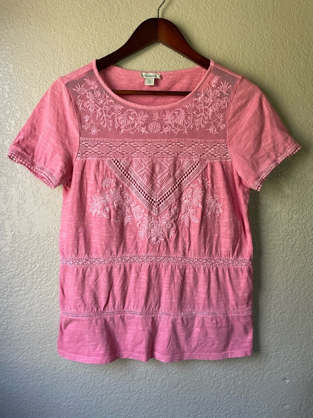 Sundance Womens XS Pink Floral Eyelet Embroidered Short Sleeve Cotton T Shirt